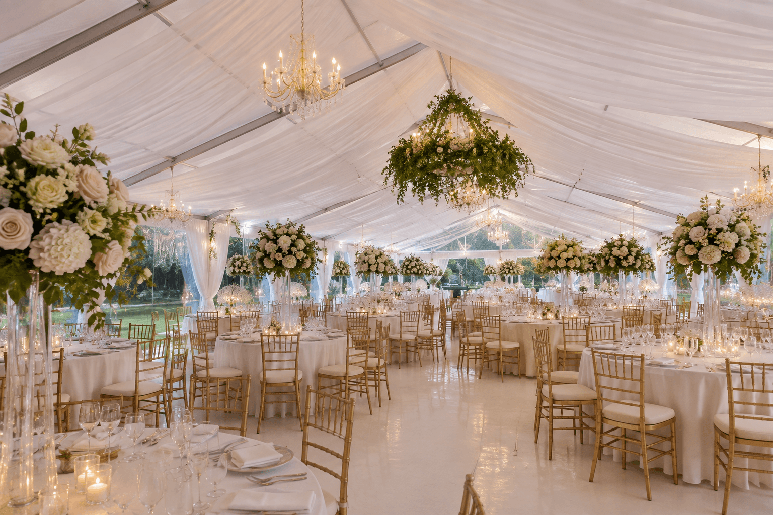 Fully styled tent reception with rentals, decor, and lighting